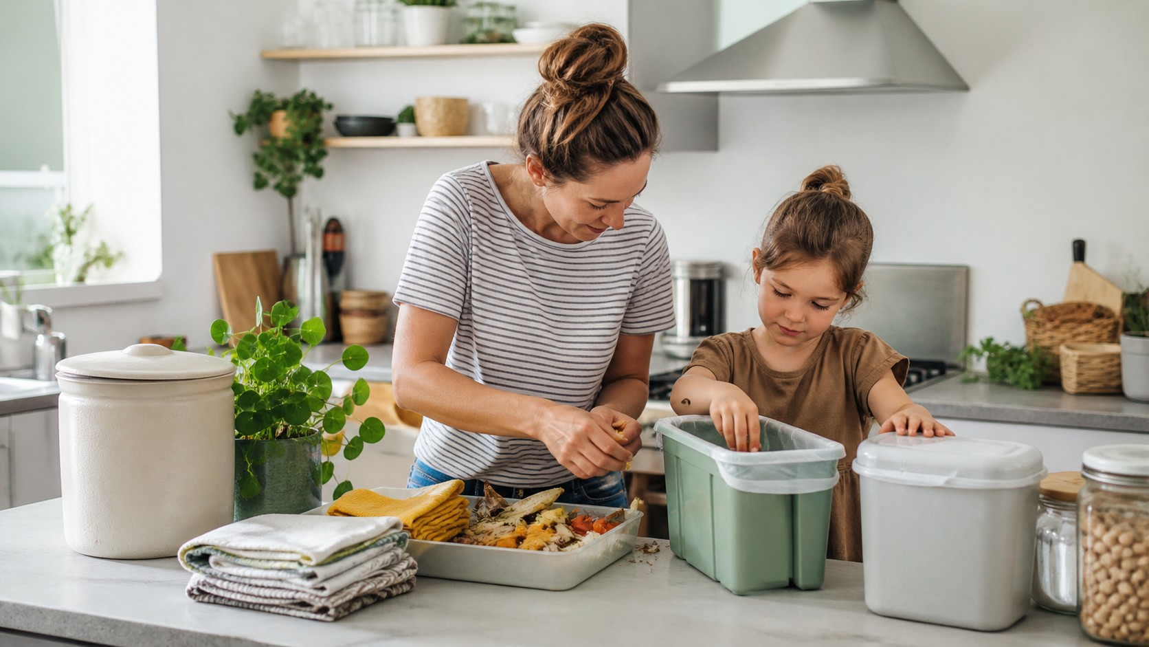 Parent and child reducing household waste in a bright kitchen.