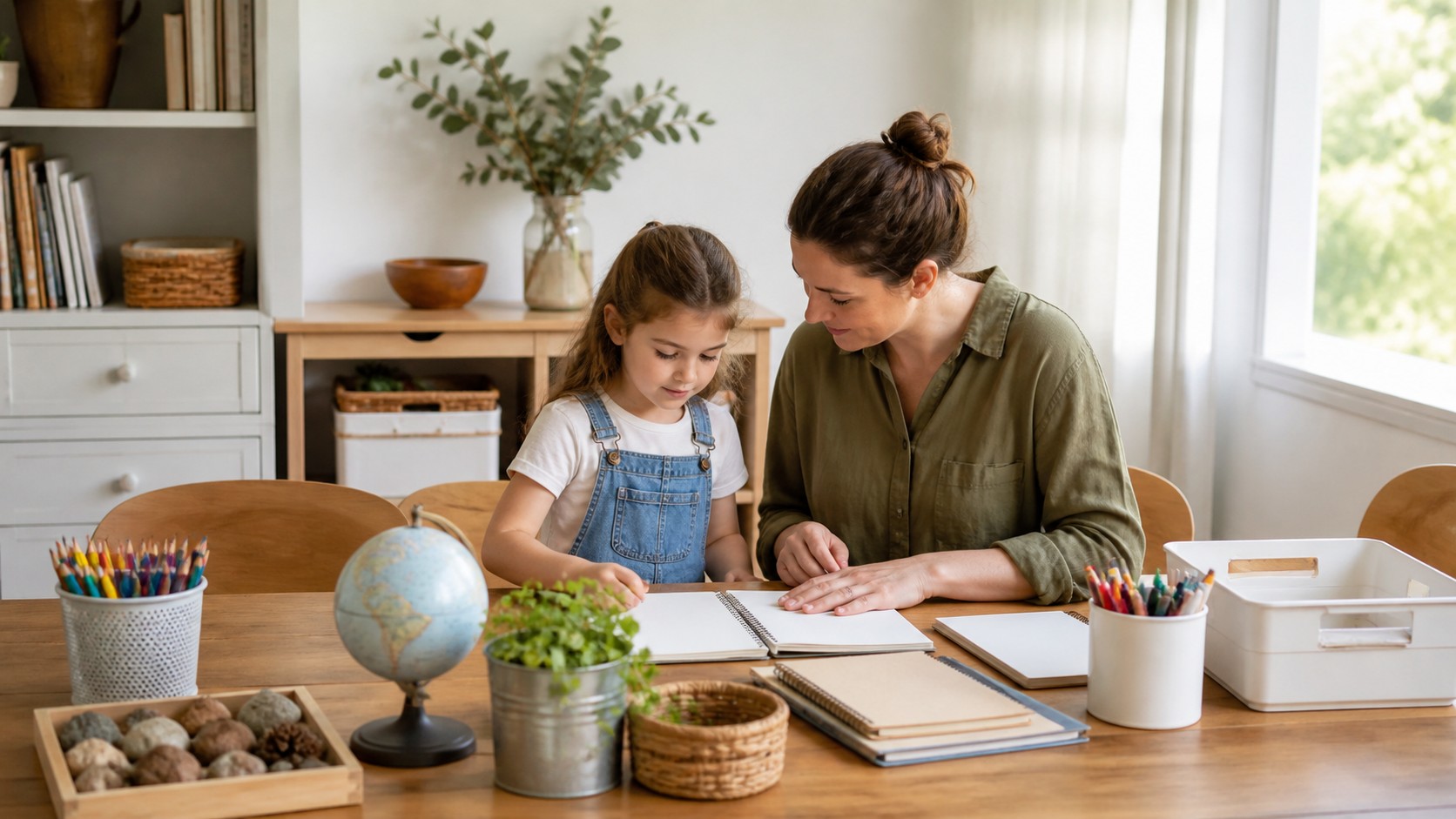 Parent and child setting up a simple homeschool learning space.
