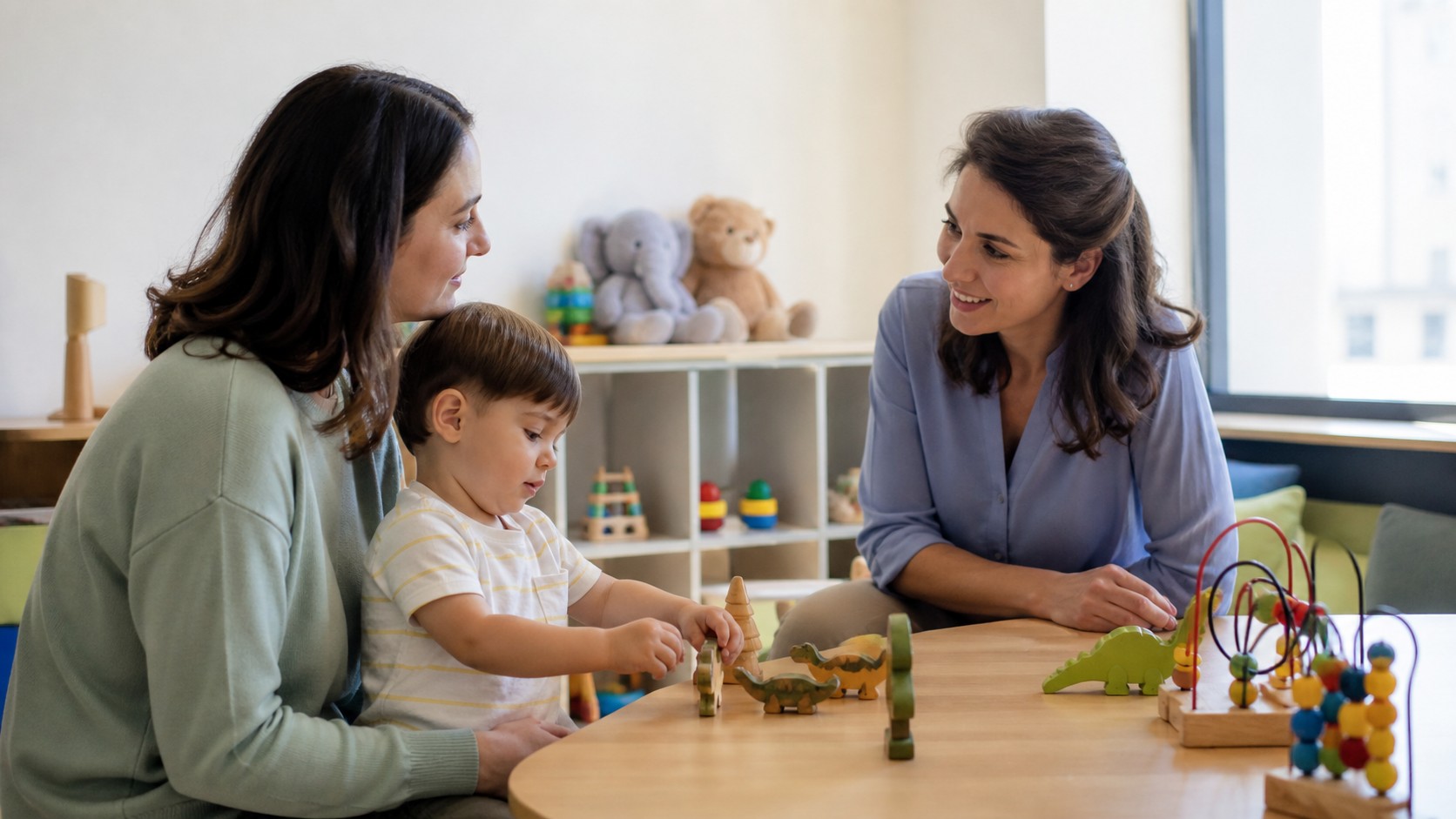 Caregiver discussing child development with a supportive professional.