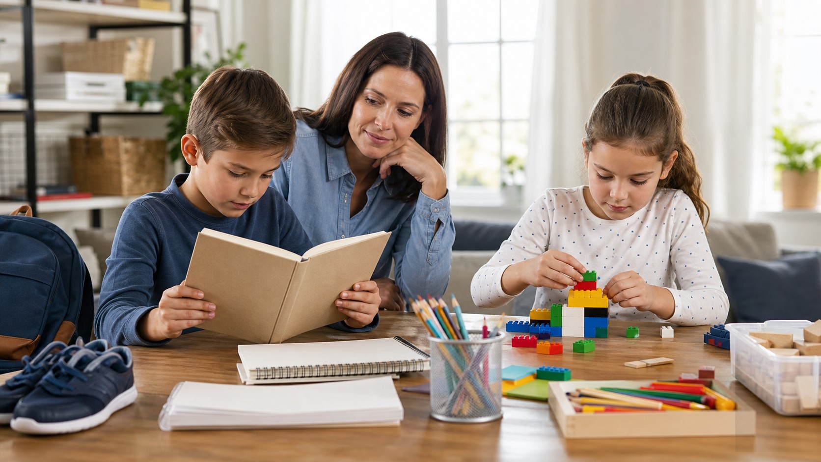 Parent watching school-age children practice different developmental skills.