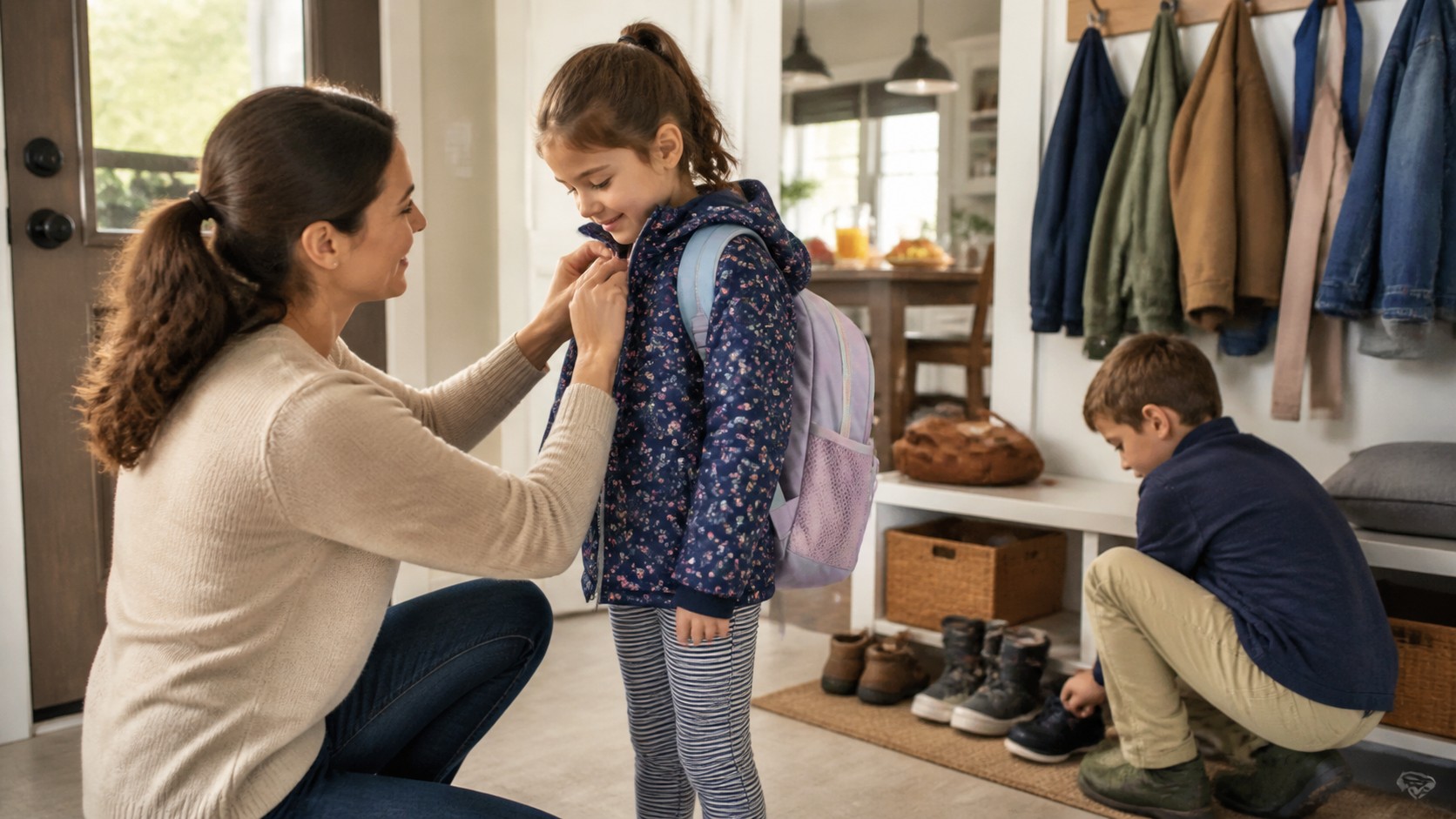 Parent helping children get ready calmly in a morning entryway routine