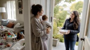 Parent receiving practical support from a neighbor while holding a baby.