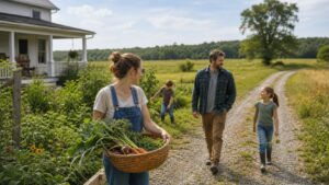 Family walking near a farmhouse garden and open rural fields.