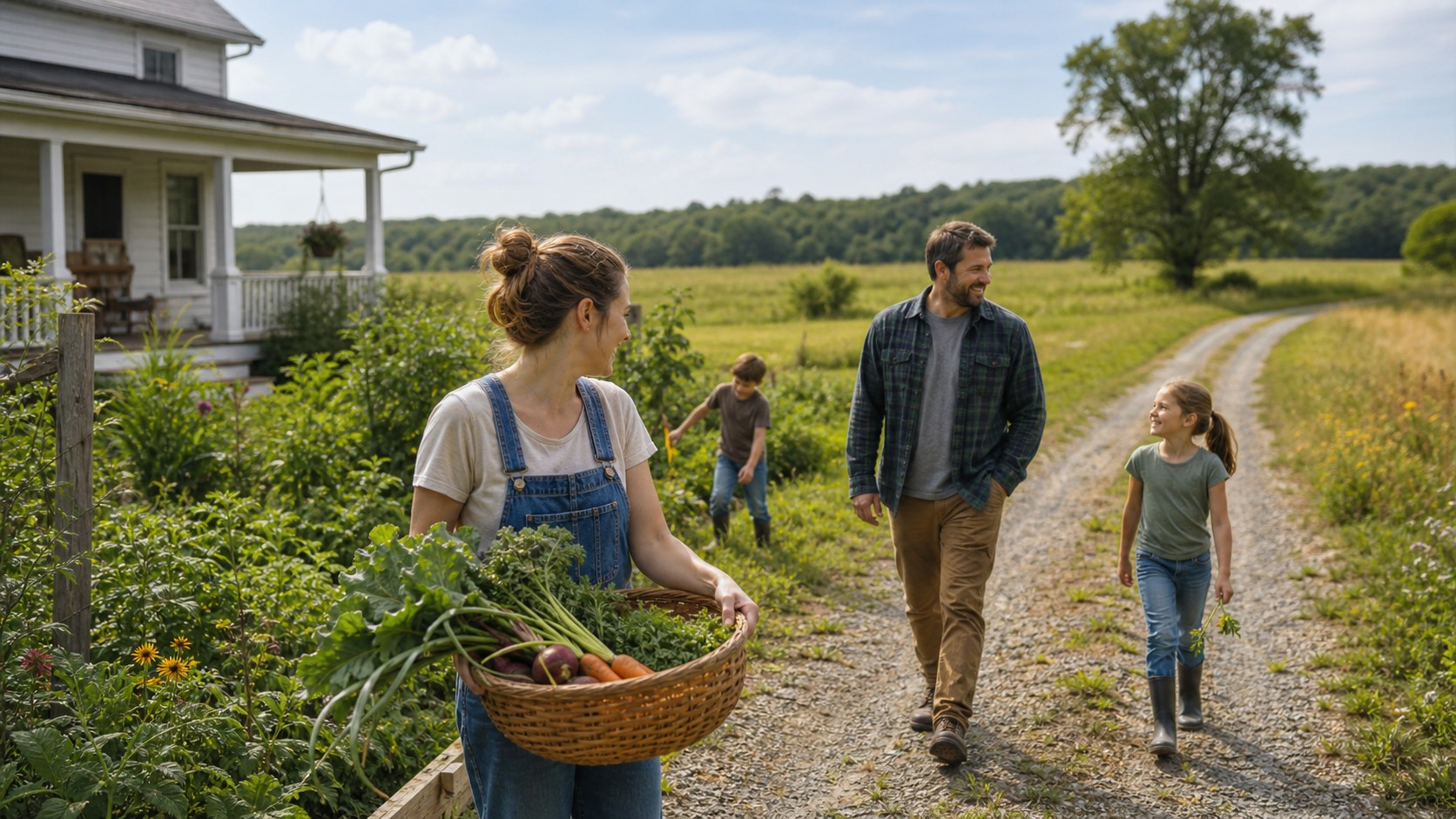 Family walking near a farmhouse garden and open rural fields.