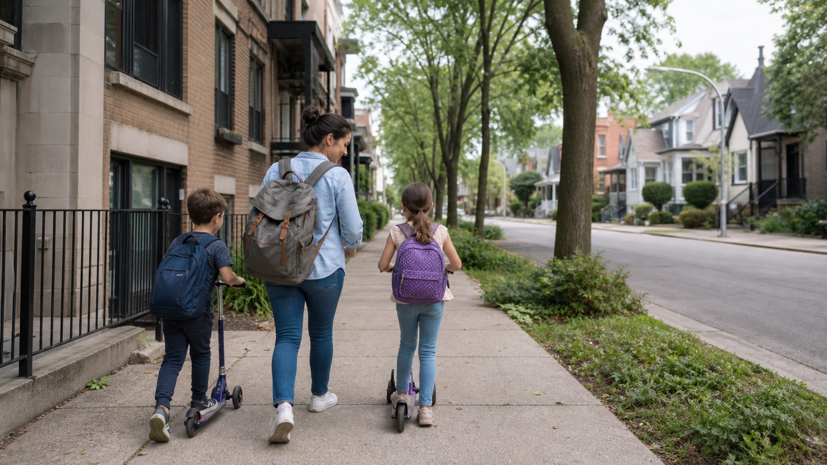 Parent walking with children on a leafy urban sidewalk near homes.