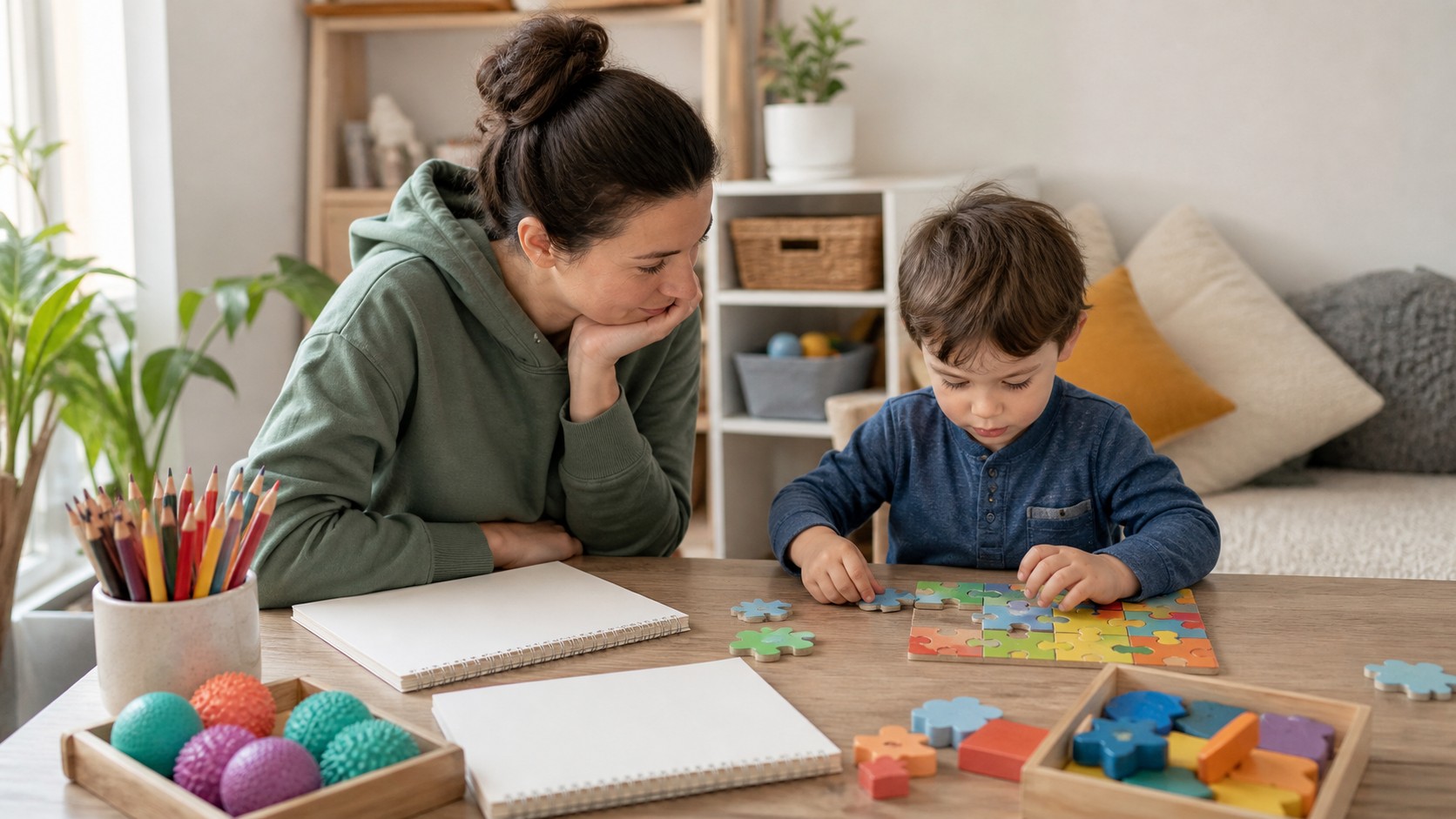Parent observing how a child approaches a puzzle and drawing activity.