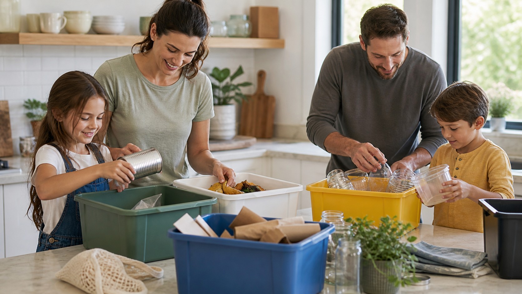 Family sorting recycling and compost together in a bright kitchen.