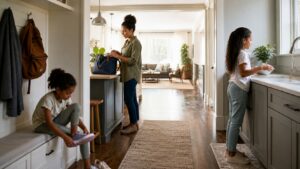 Family moving through daily routine stations in a bright home hallway and kitchen
