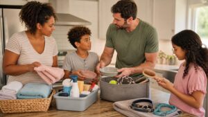 Family dividing household supplies and chores together at a kitchen island