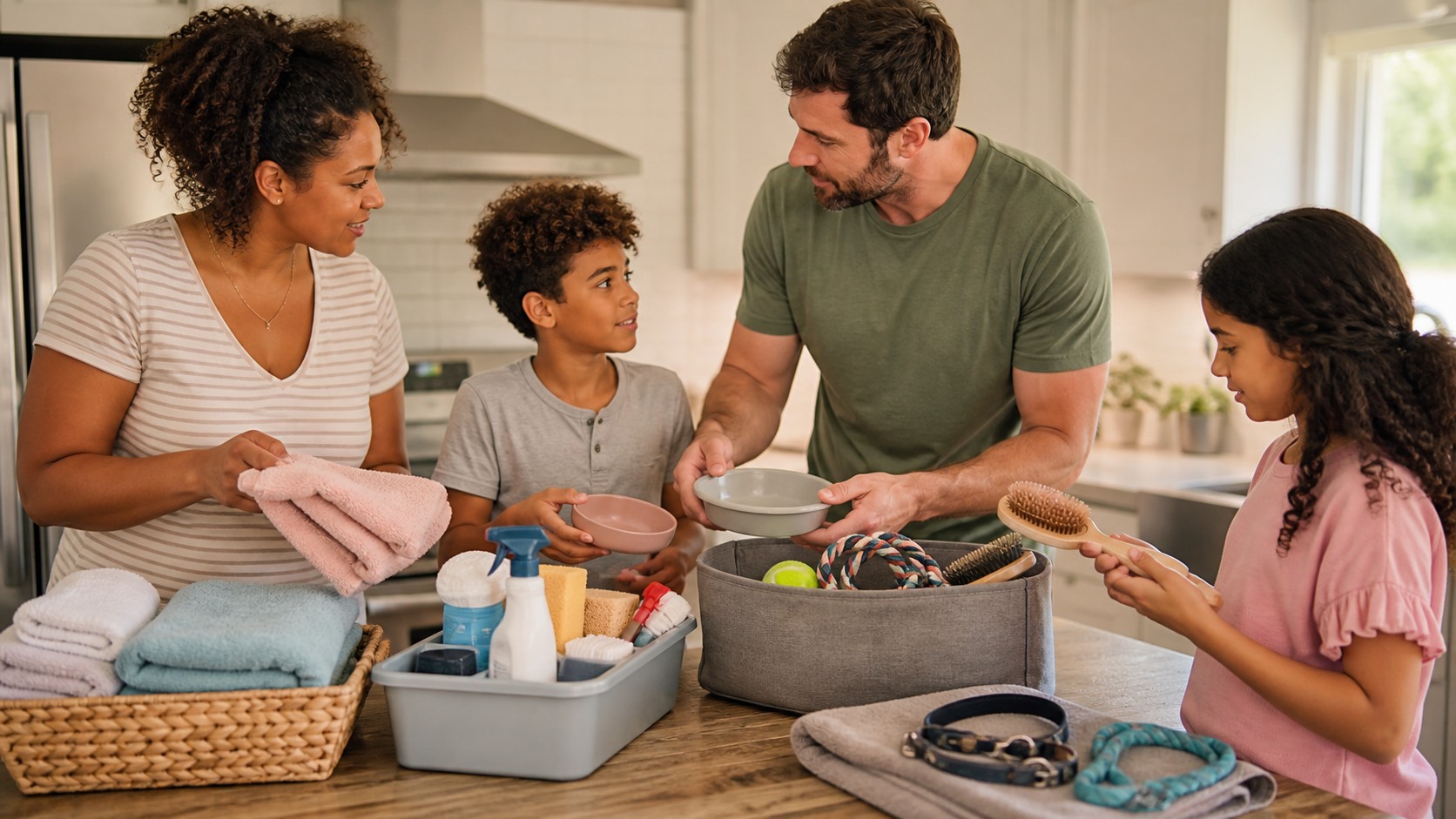 Family dividing household supplies and chores together at a kitchen island