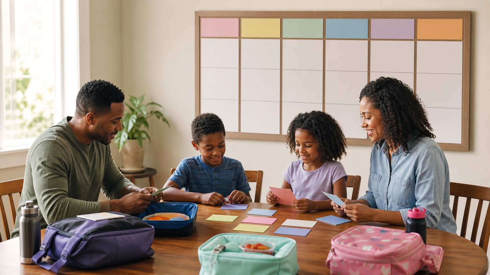 Family planning a weekly schedule with blank cards at the dining table.