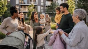 Families forming a supportive modern village in a neighborhood courtyard.
