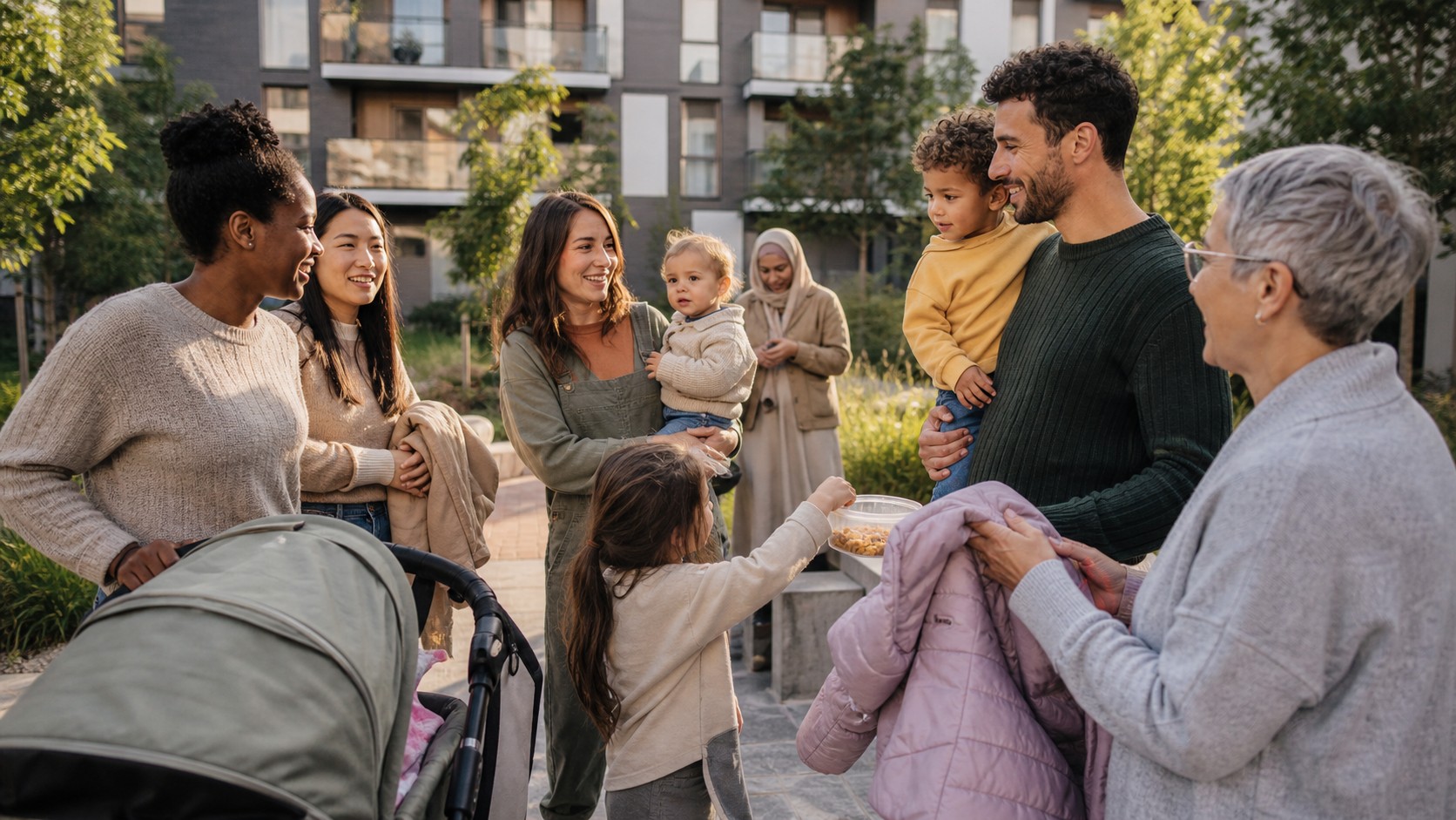 Families forming a supportive modern village in a neighborhood courtyard.