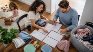 Working parents sharing household planning at a dining table with blank papers.