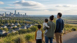 Family considering city, suburban, and rural landscapes from an overlook.