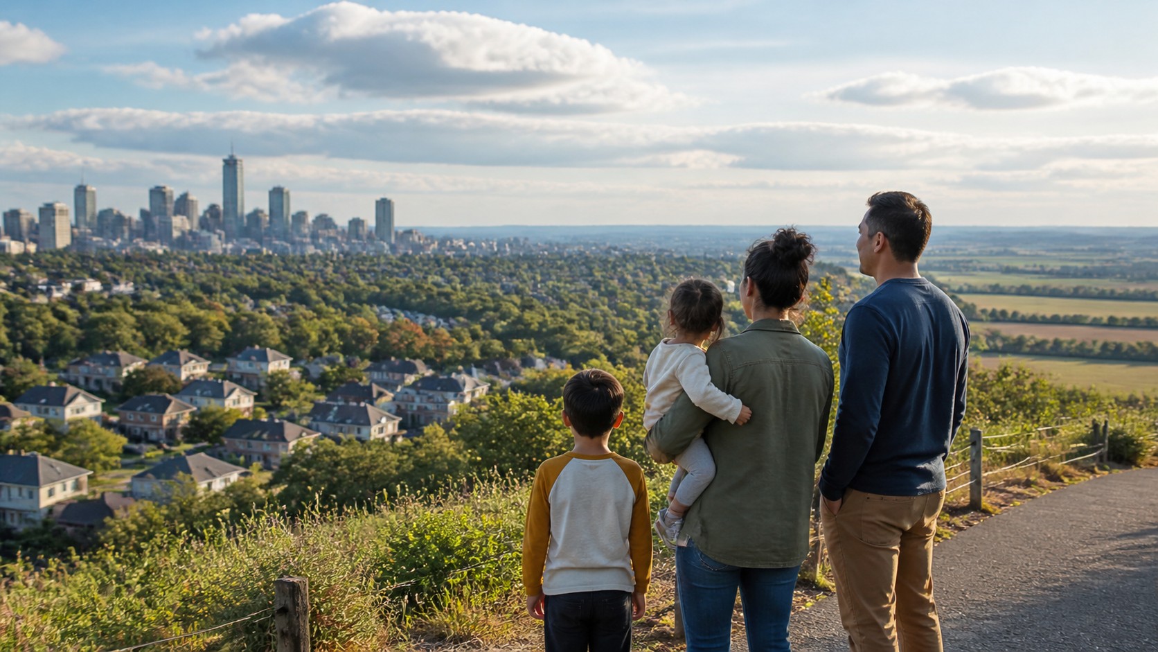 Family considering city, suburban, and rural landscapes from an overlook.