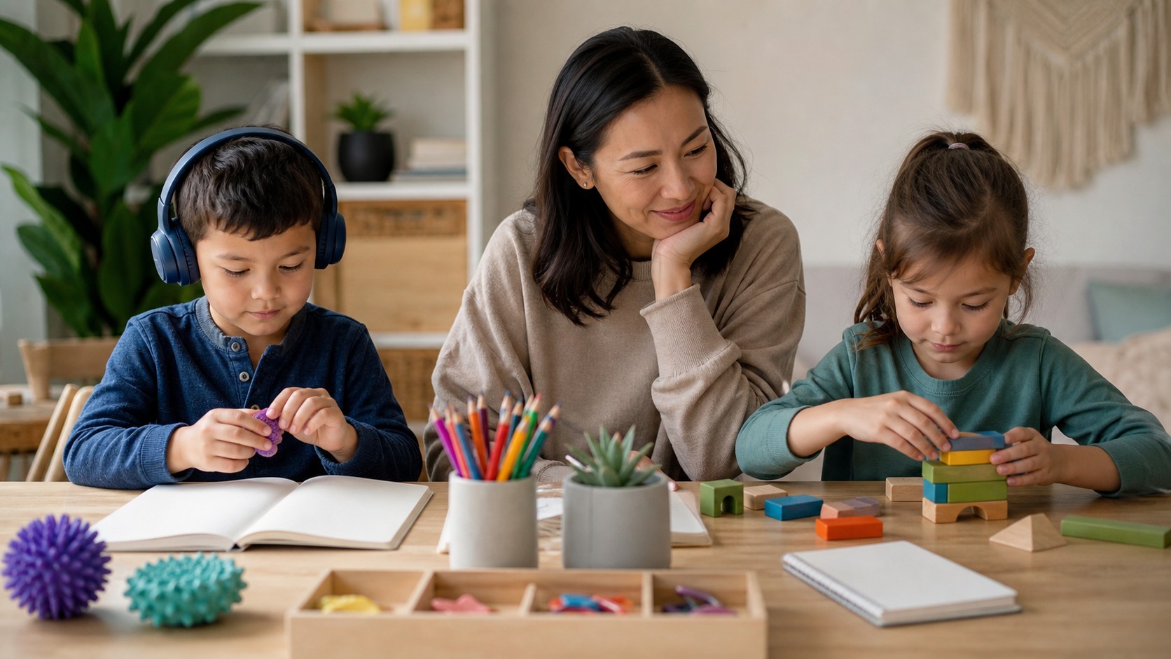 Parent supporting children with different learning tools at a home table.