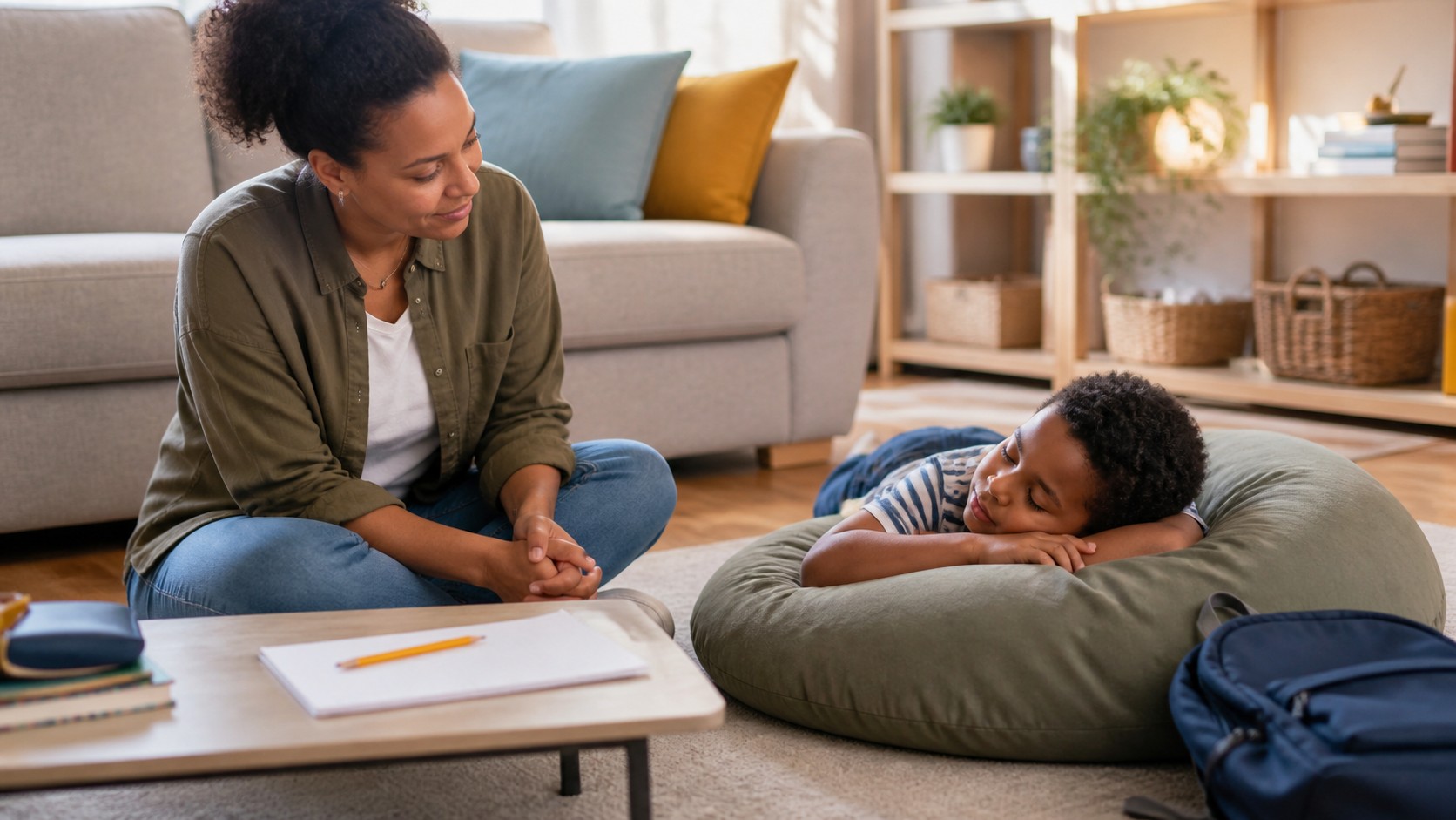 Parent giving a child a calm reset before returning to homework.