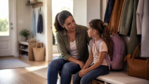 Caregiver sitting beside a child in an entryway during a quiet emotional pause