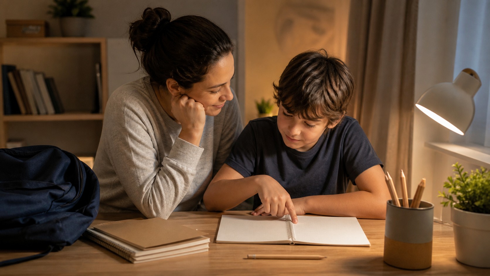 Parent offering calm homework support to a school-age child.