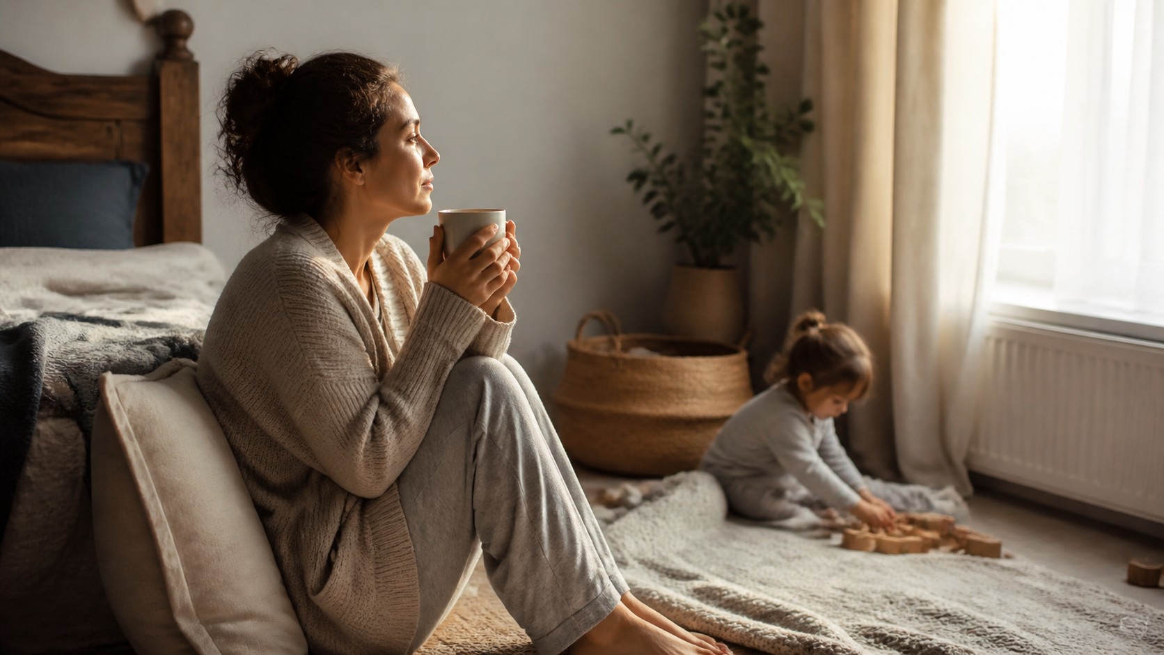 Mother taking a quiet restorative pause while child plays nearby.